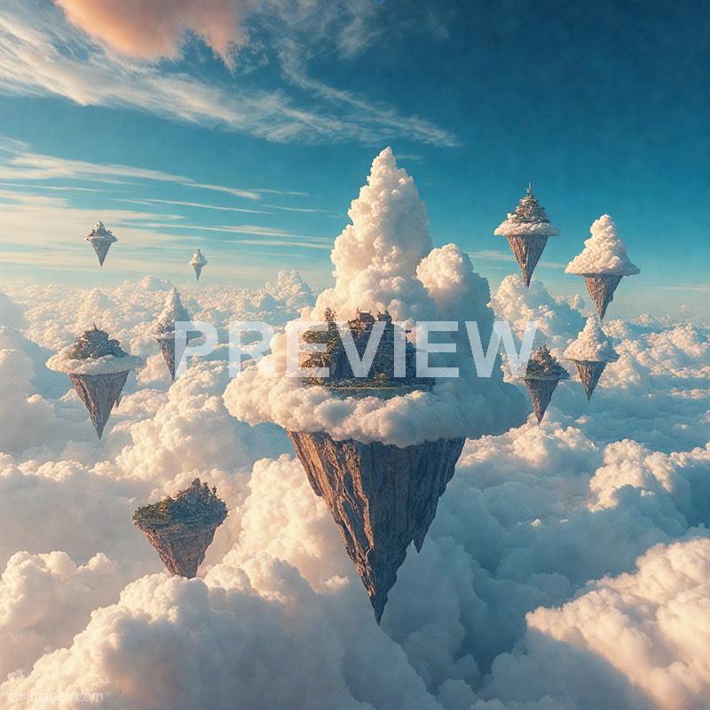 The image depicts an imaginative scene set high among fluffy clouds in the sky, featuring multiple floating islands with traditional-style buildings and lush greenery on top. These islands are suspended in the air, with some larger central landmasses and smaller ones surrounding them, all connected by a dreamy atmosphere and a vibrant blue sky with wispy clouds. The overall scene has a fantastical, surreal quality, evoking a sense of wonder and otherworldliness.